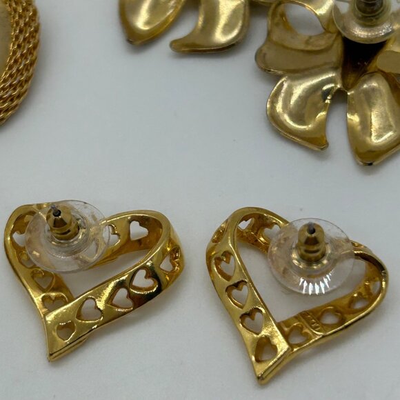 Vintage Gold-Tone Heart & Bow Pierced Earrings Set Statement Vintage - Picture 10 of 11